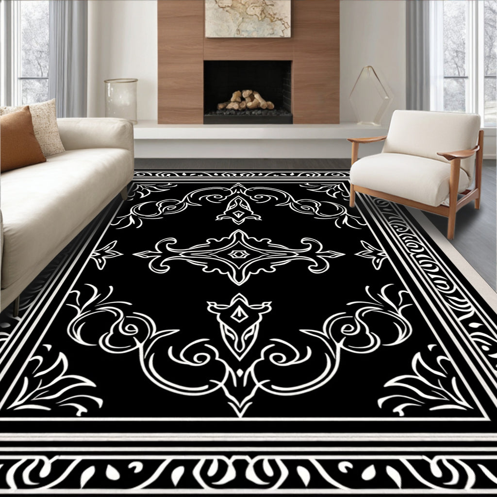 Elegant Black White Filigree Scroll Rug