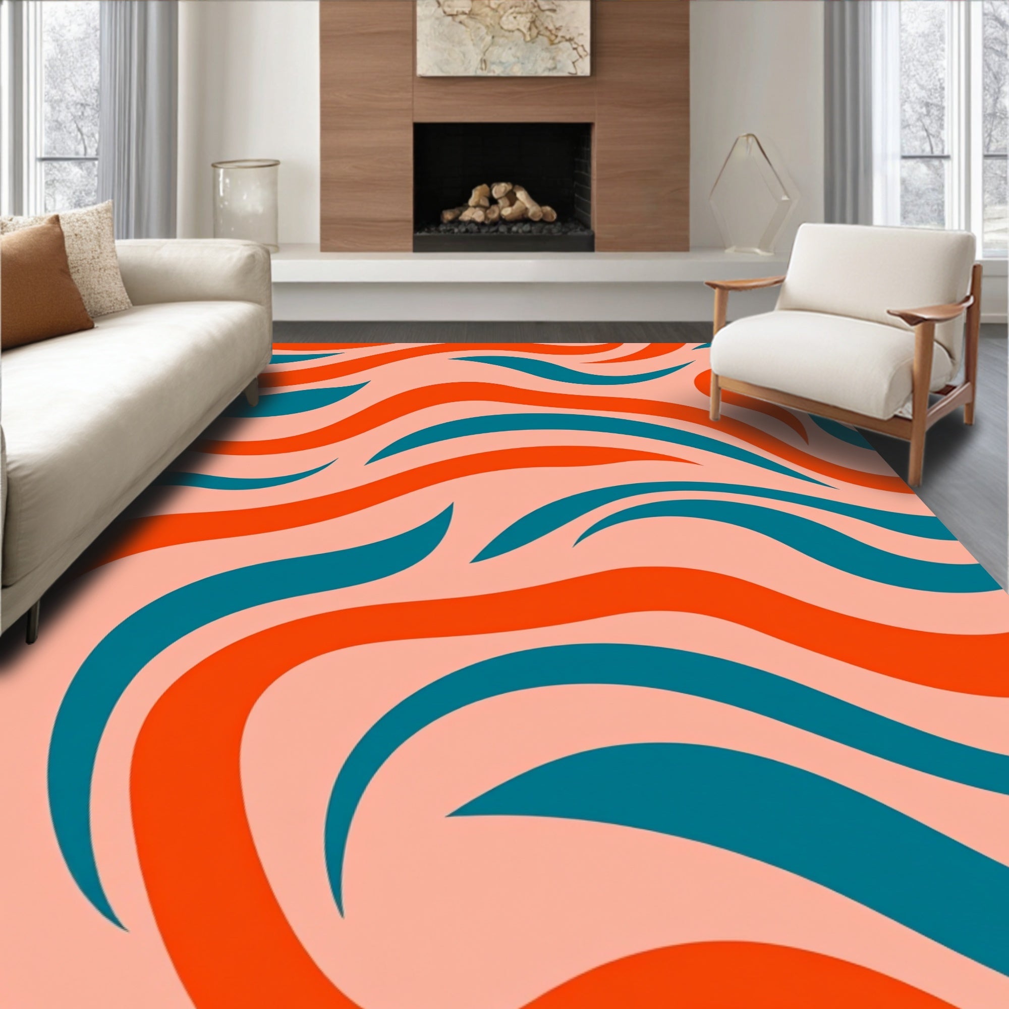 Wavy Orange Teal Abstract Design Rug