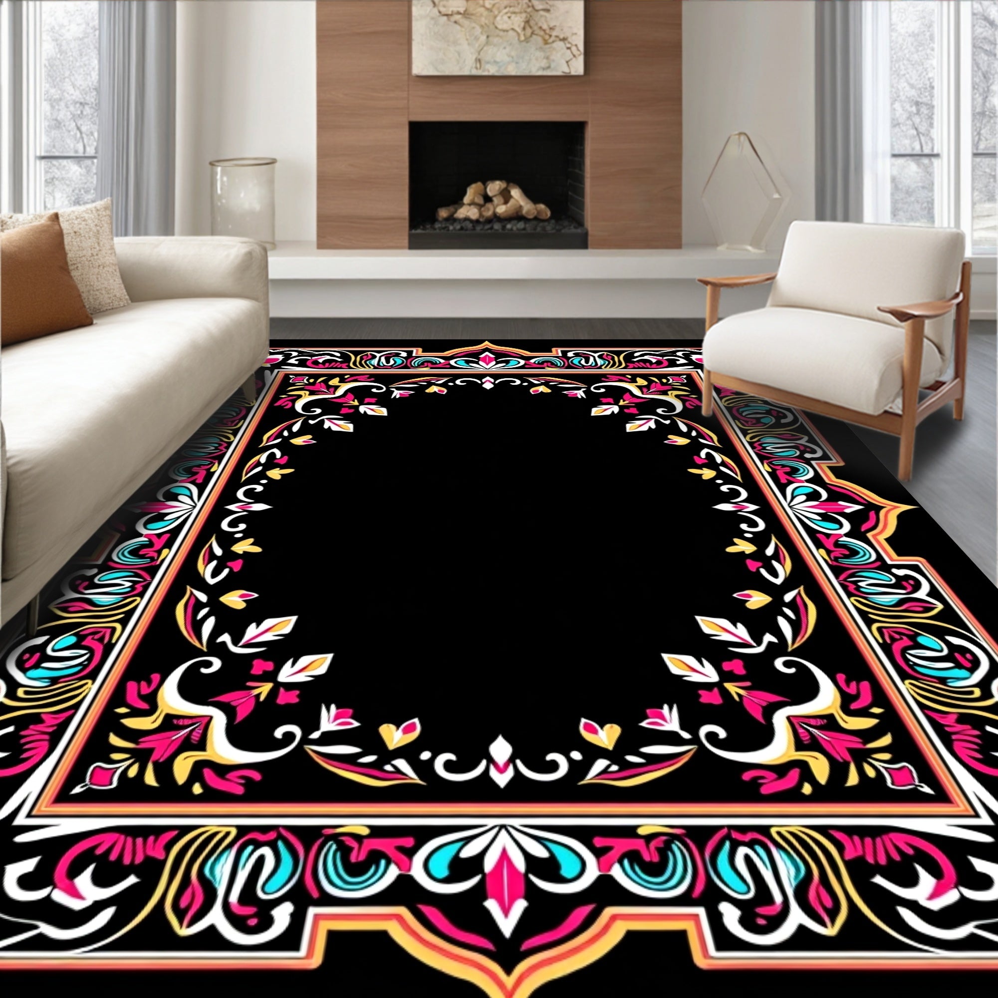 Vibrant Floral Border Design Rug