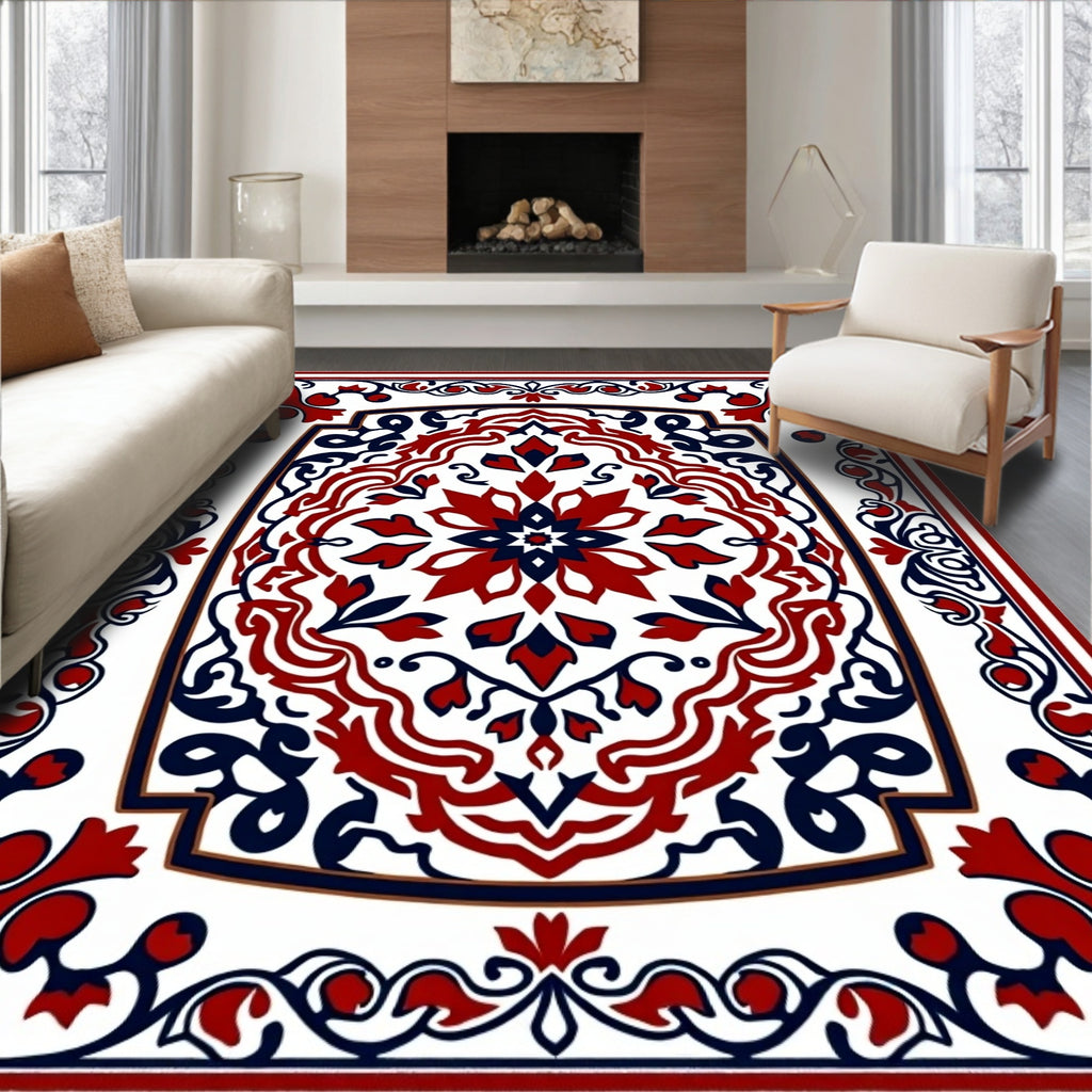Red Blue Intricate Floral Medallion Rug