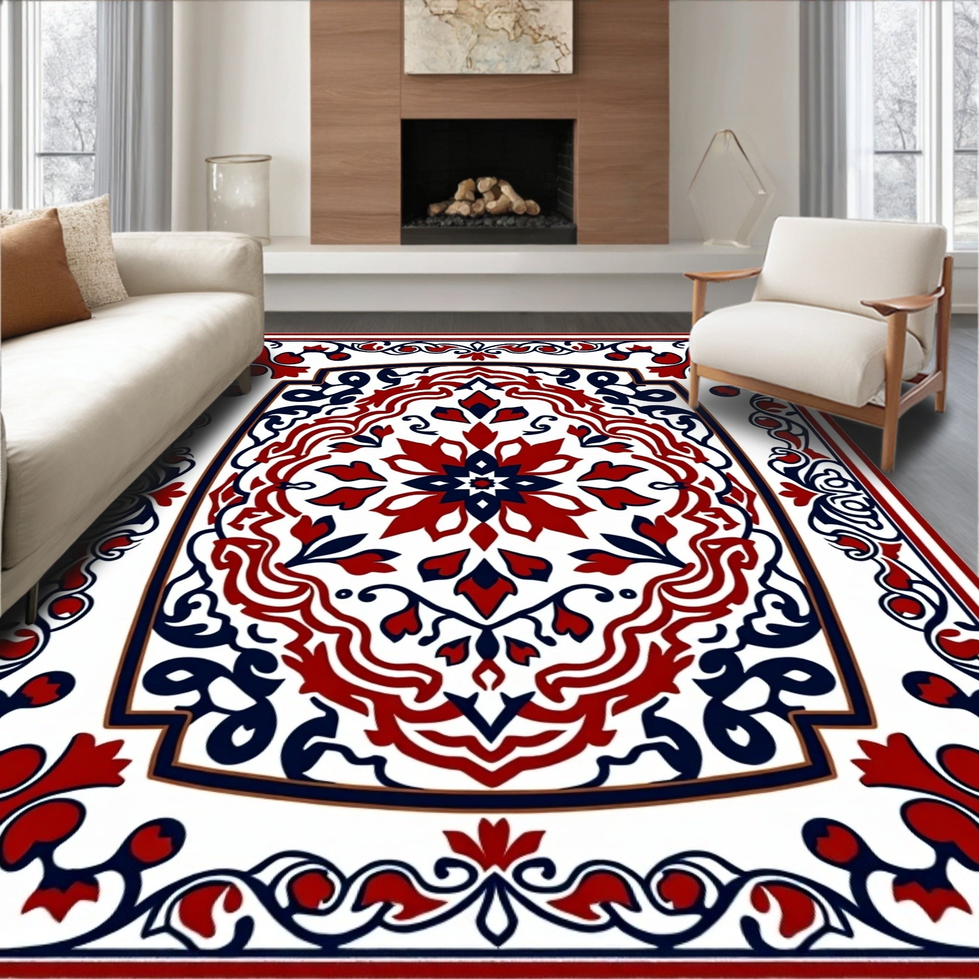 Red Blue Intricate Floral Medallion Rug