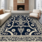 Intricate Floral Scrollwork Navy Rug