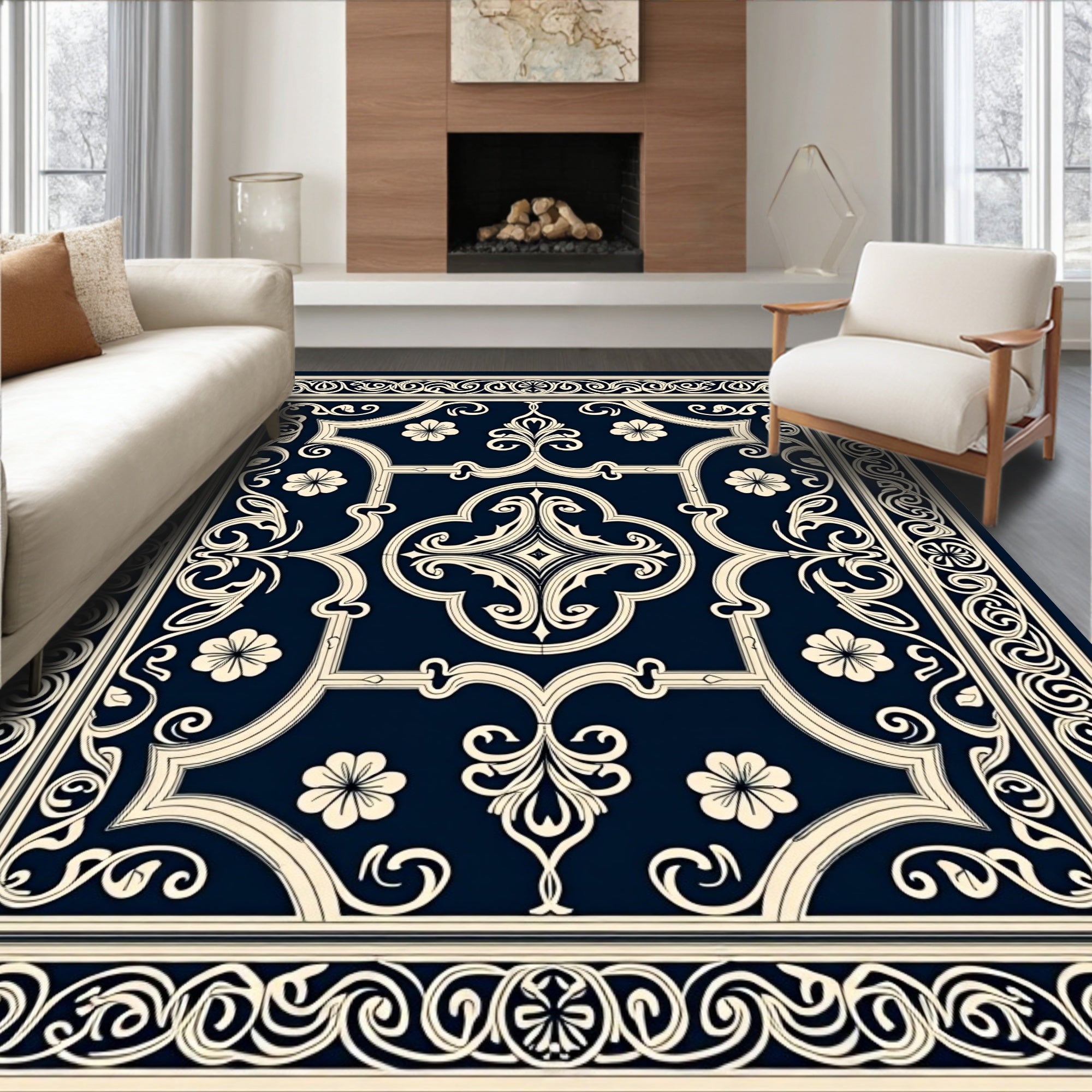 Intricate Floral Scrollwork Navy Rug