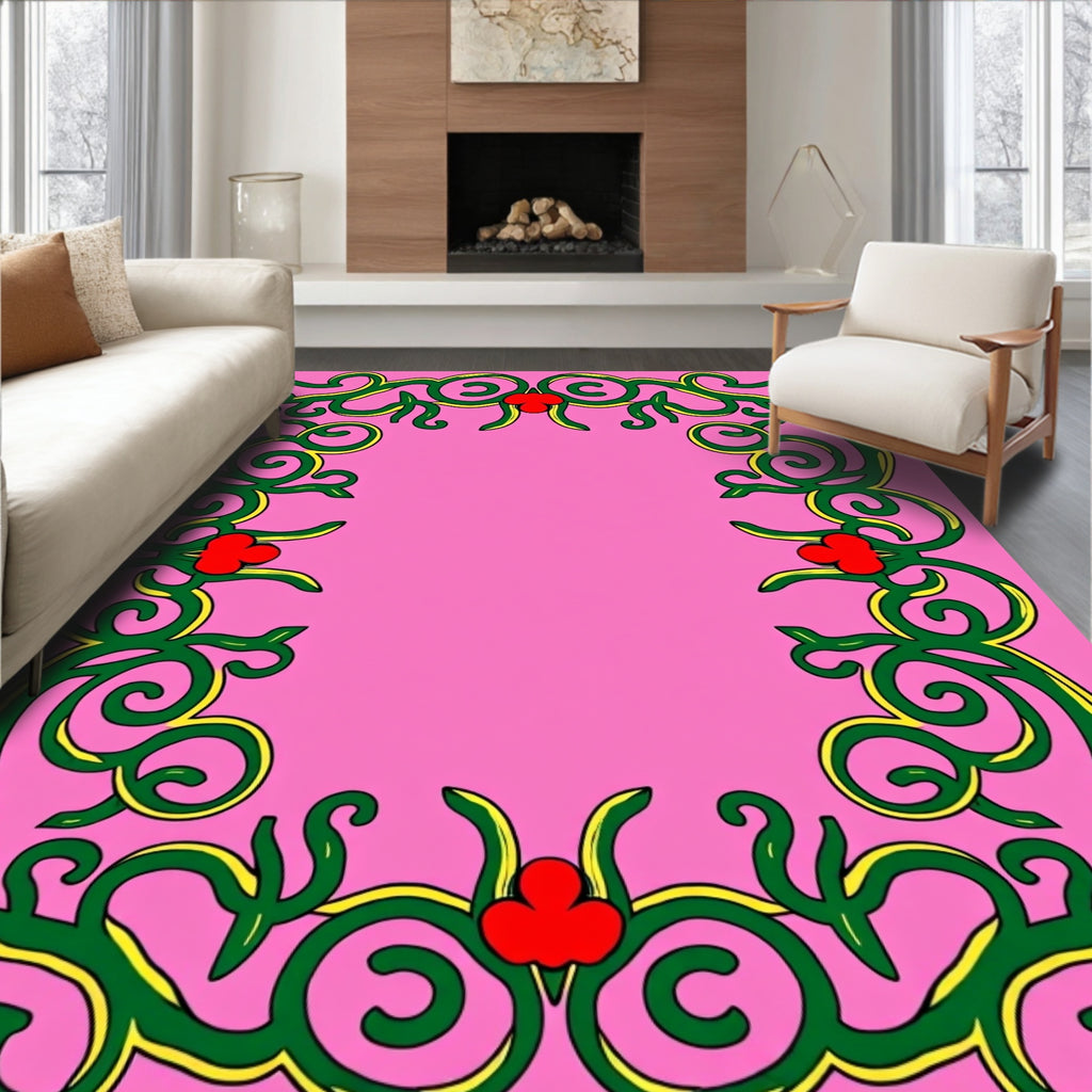 Whimsical Pink Green Red Floral Border Rug