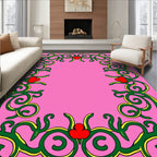 Whimsical Pink Green Red Floral Border Rug