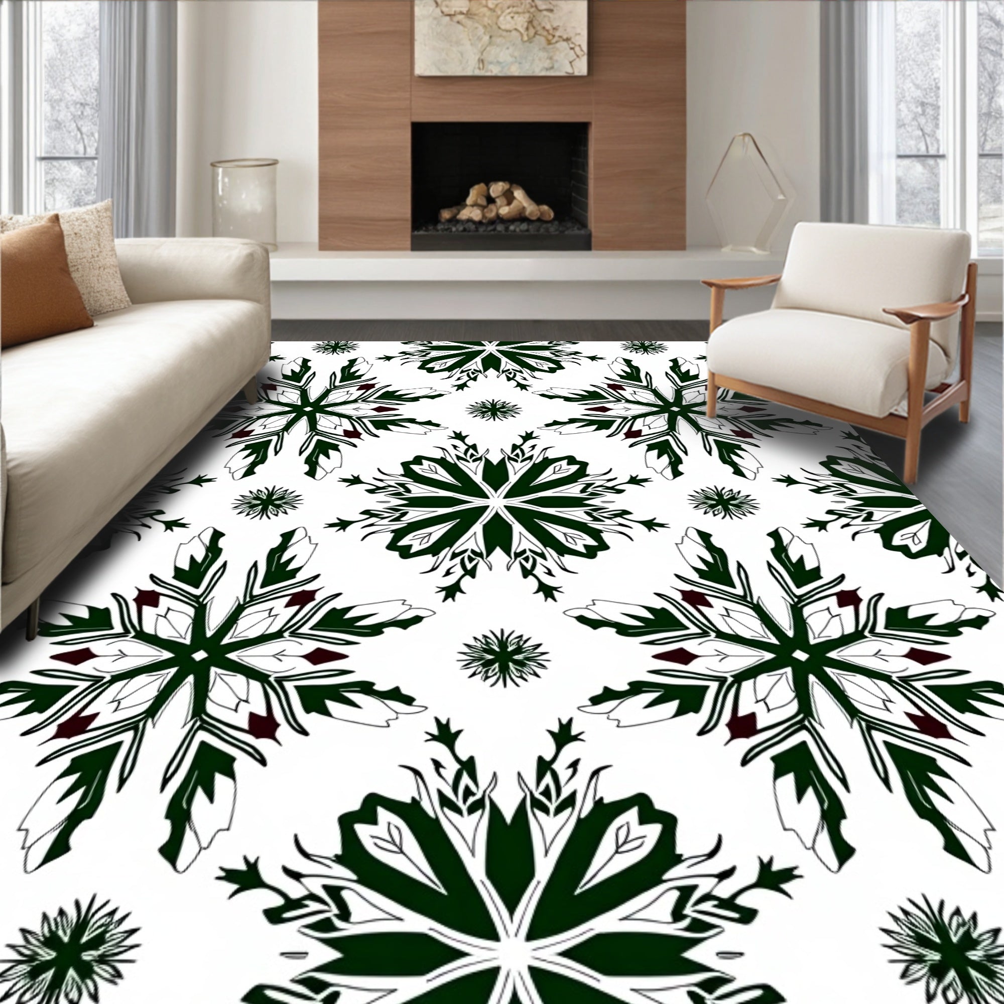 Dark Green Snowflake Medallion Art Rug