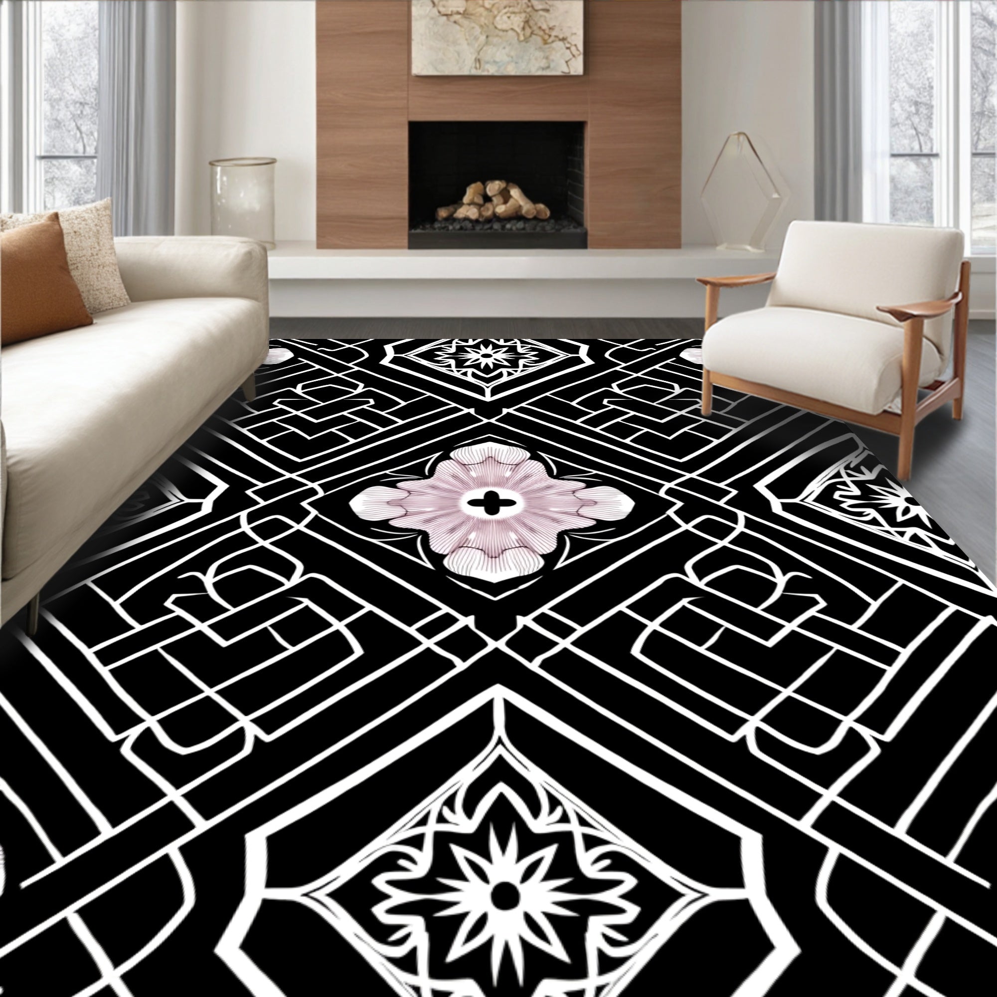 Art Deco Floral Geometric Black White Rug