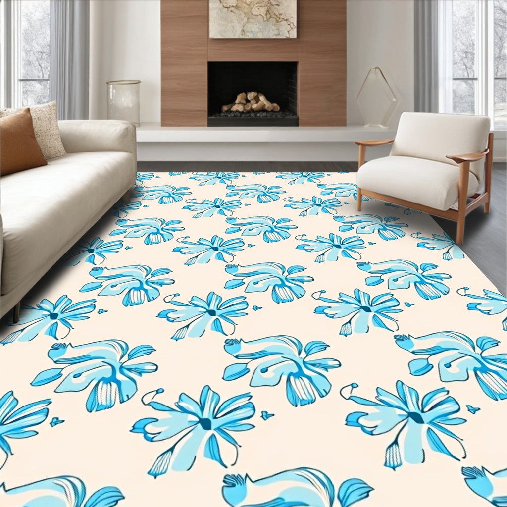 Coastal Blue Floral Sketch Pattern Rug