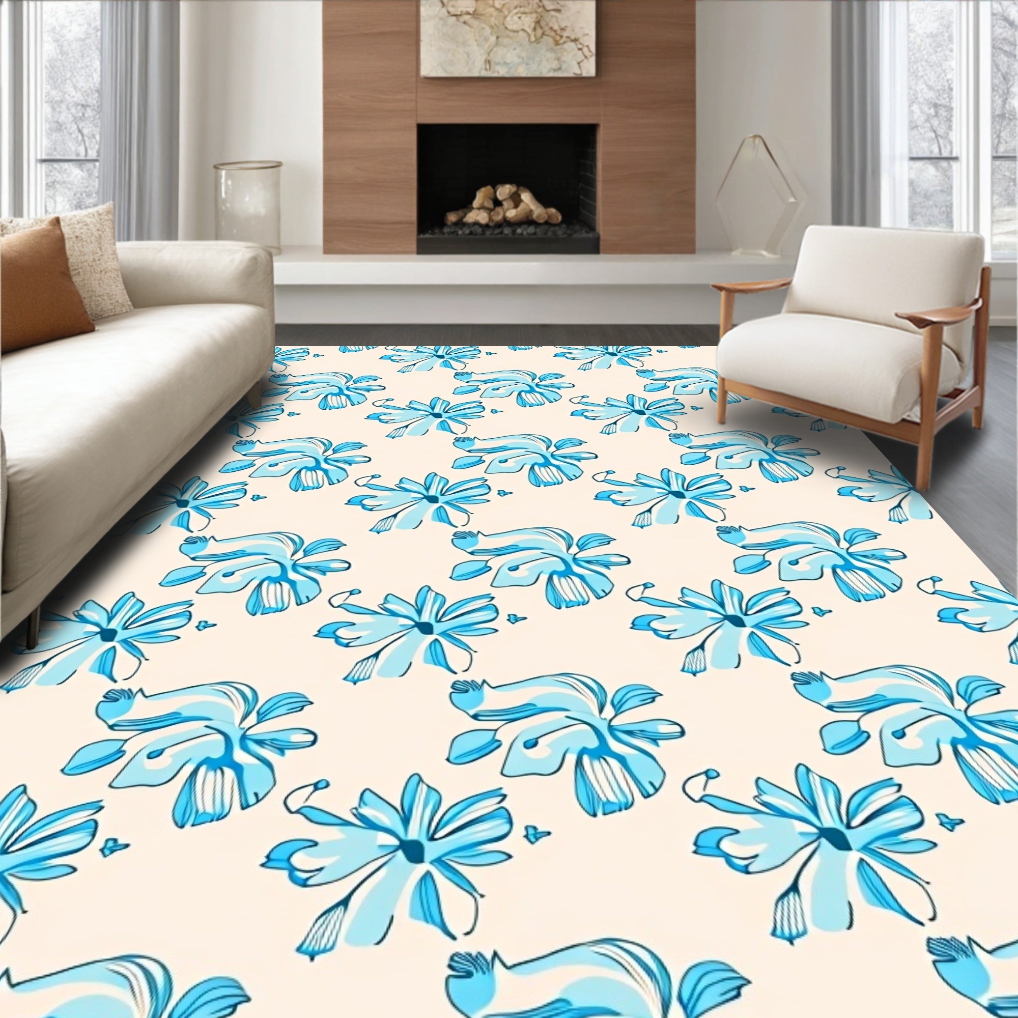 Coastal Blue Floral Sketch Pattern Rug