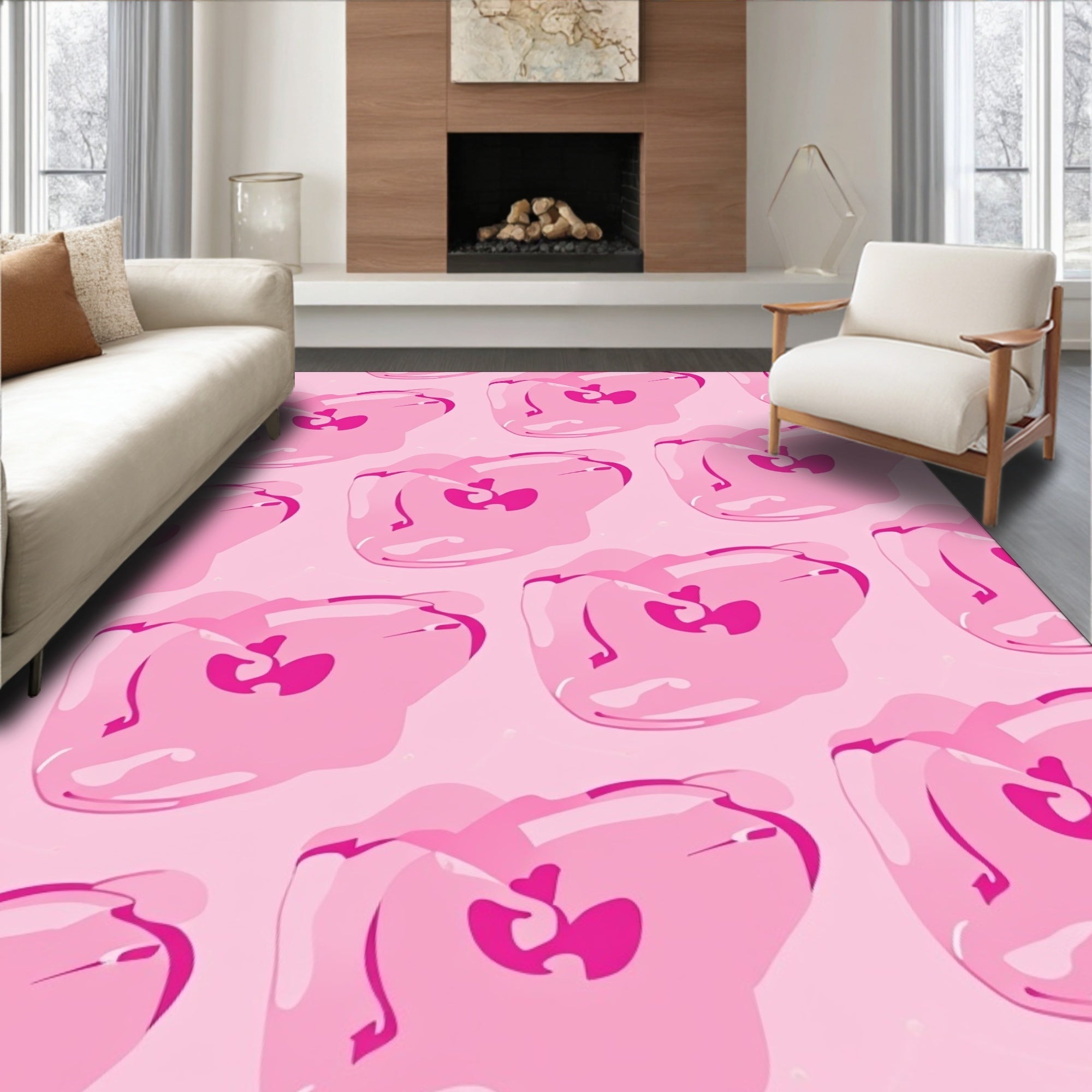 Pink Floral Patterned Whimsical Rug