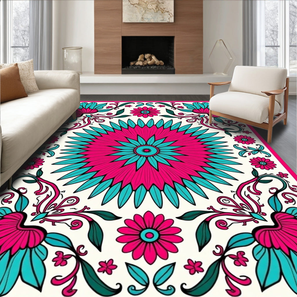 Floral Symmetry With Pink Teal Accents Rug