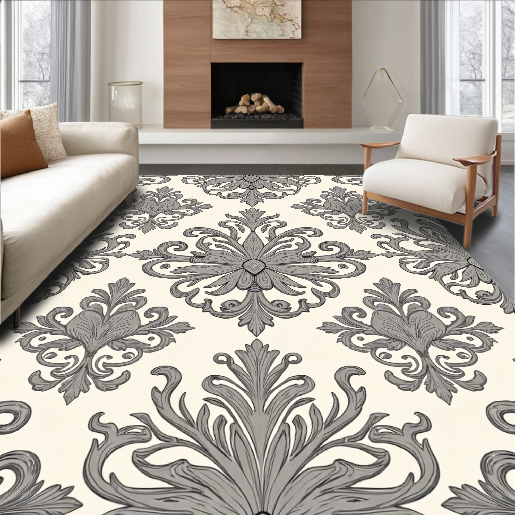 Elegant Gray Damask Floral Pattern Rug
