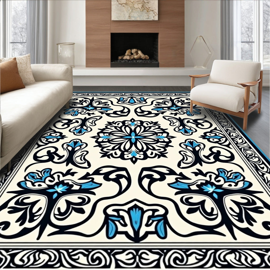Ornate Floral Black Blue Ivory Rug