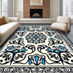Ornate Floral Black Blue Ivory Rug
