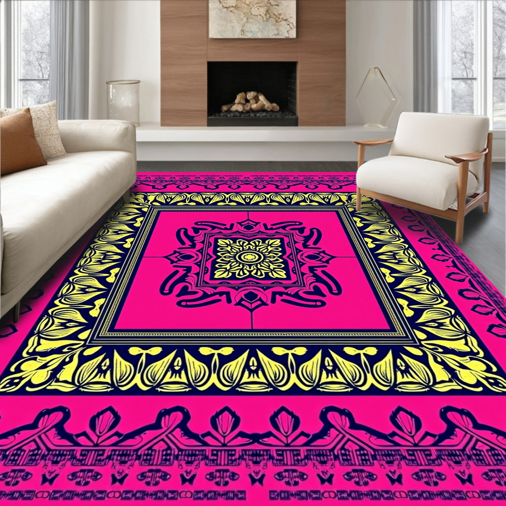 Hot Pink Yellow Symmetrical Mandala Rug