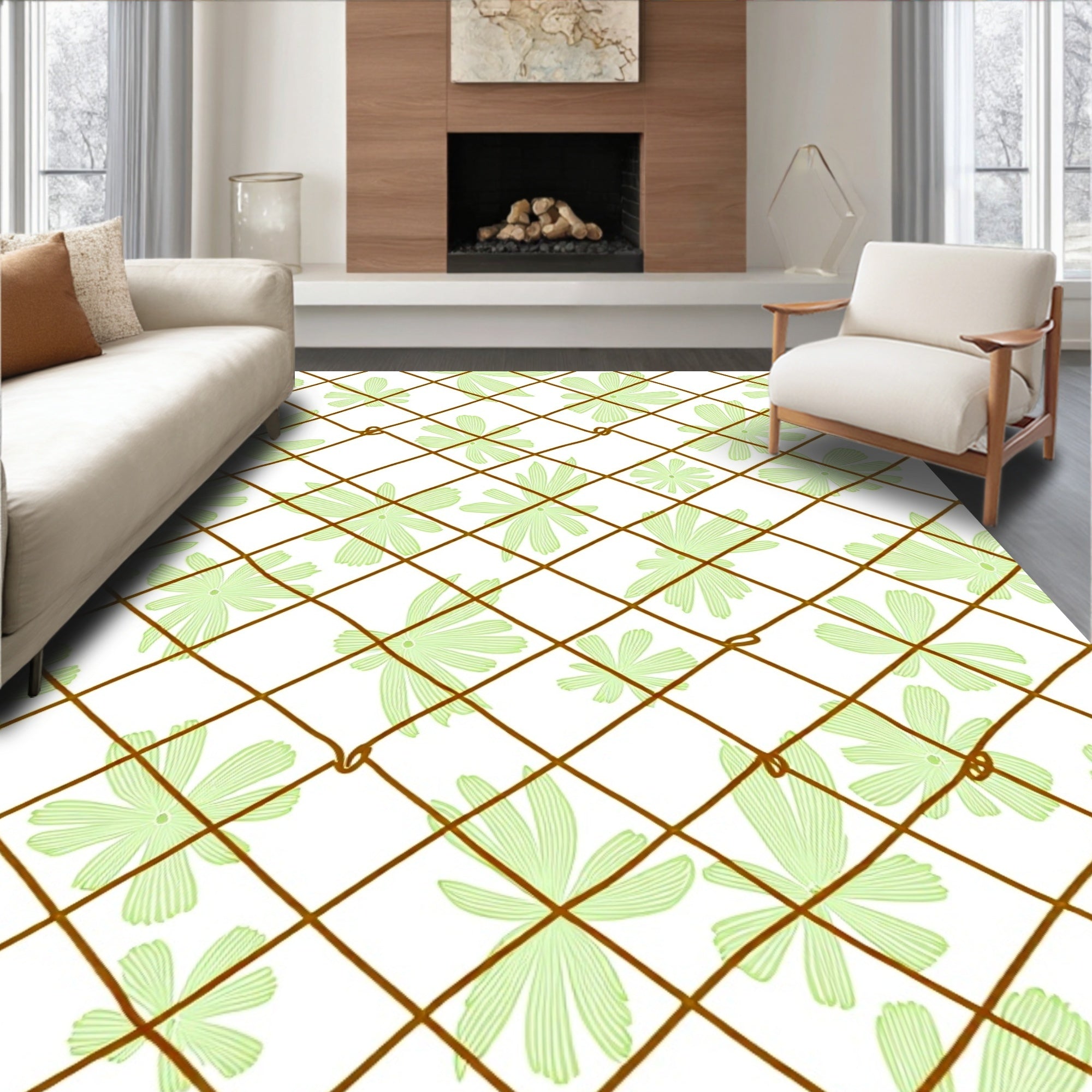 Thin Lattice Green Floral Design Rug