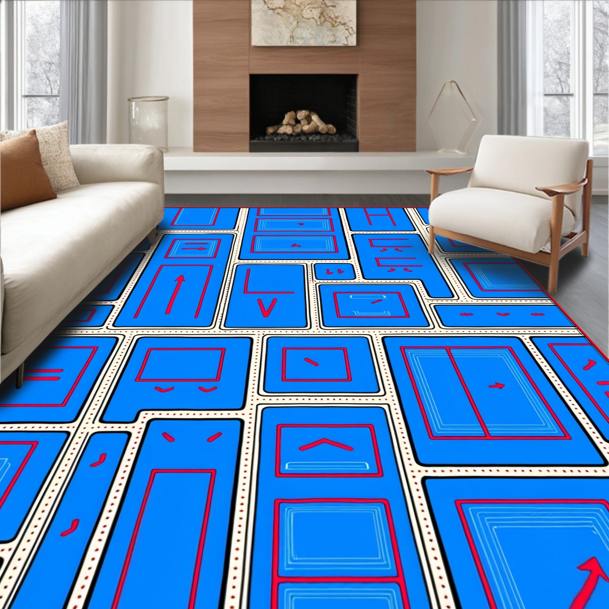Diagrammatic Geometric Blue Red Composition Rug