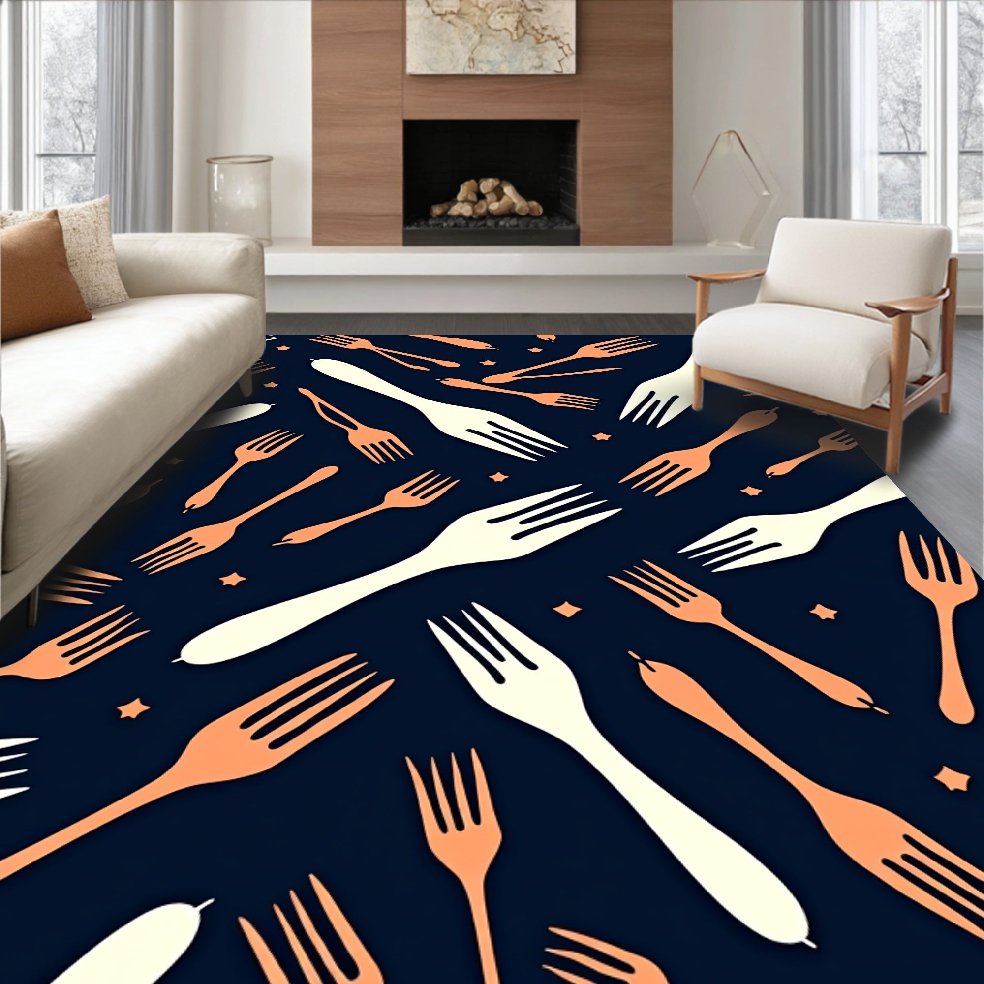 Orange White Fork Scattered Stars Rug