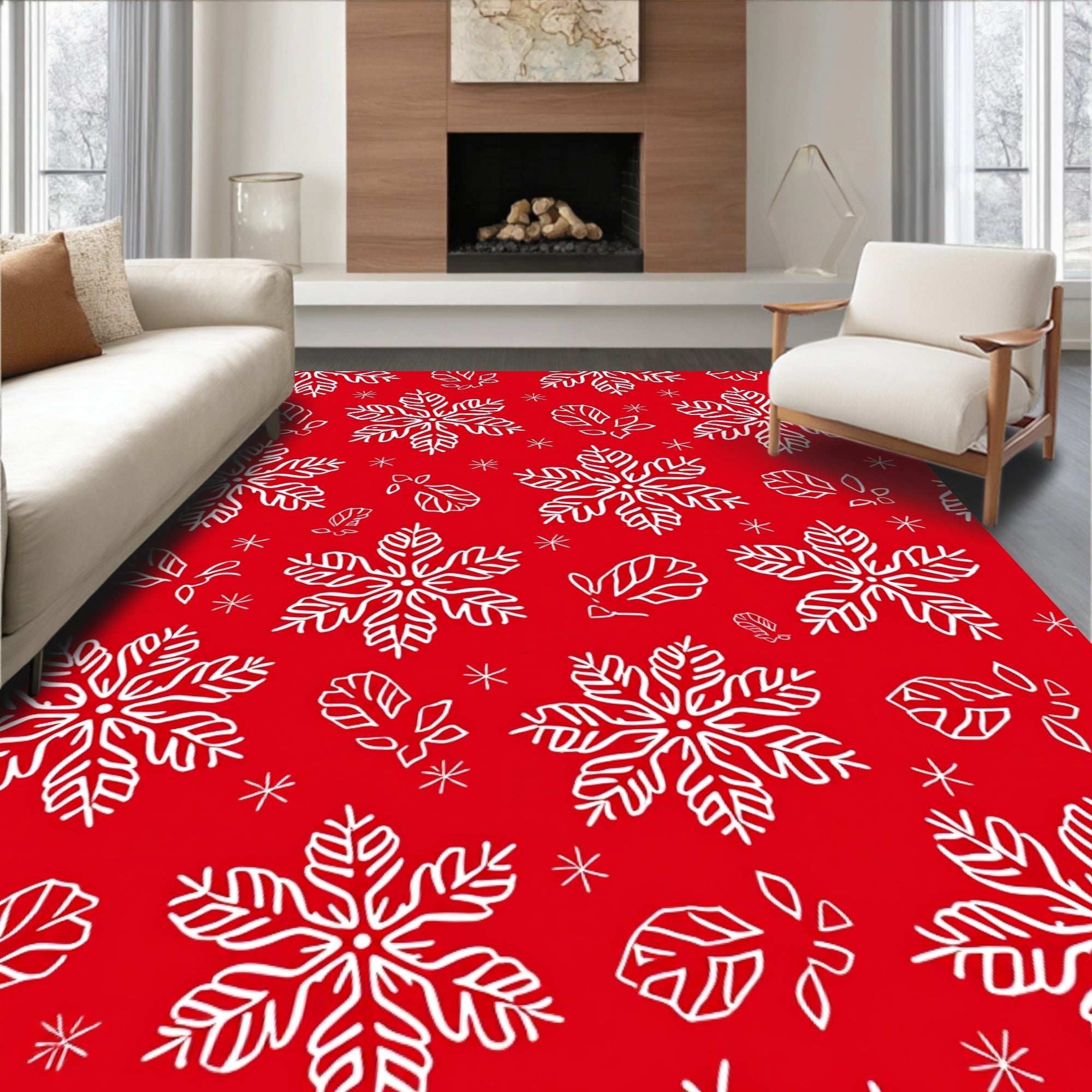White Snowflake Red Background Rug