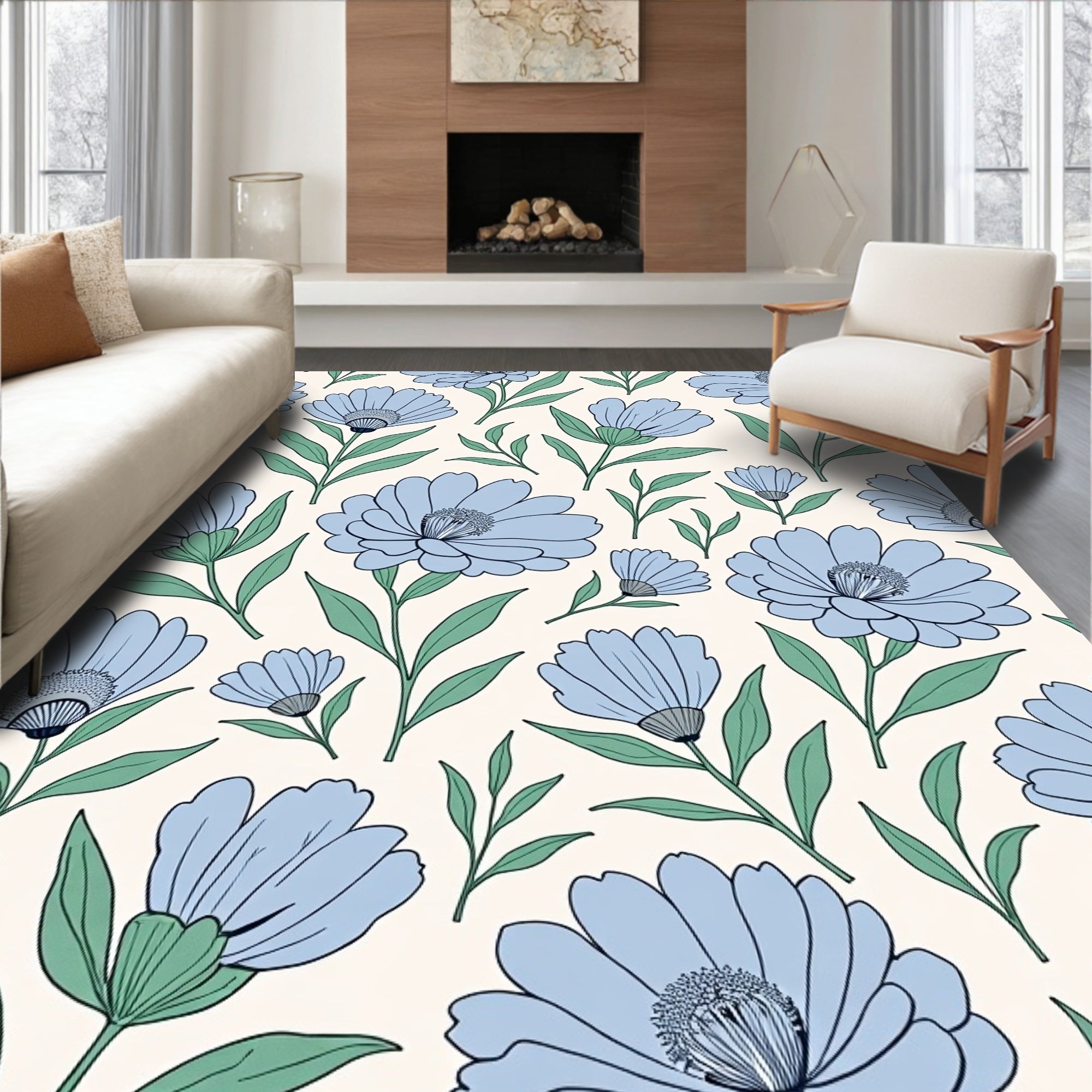 Delicate Blue Floral Pattern Arrangement Rug