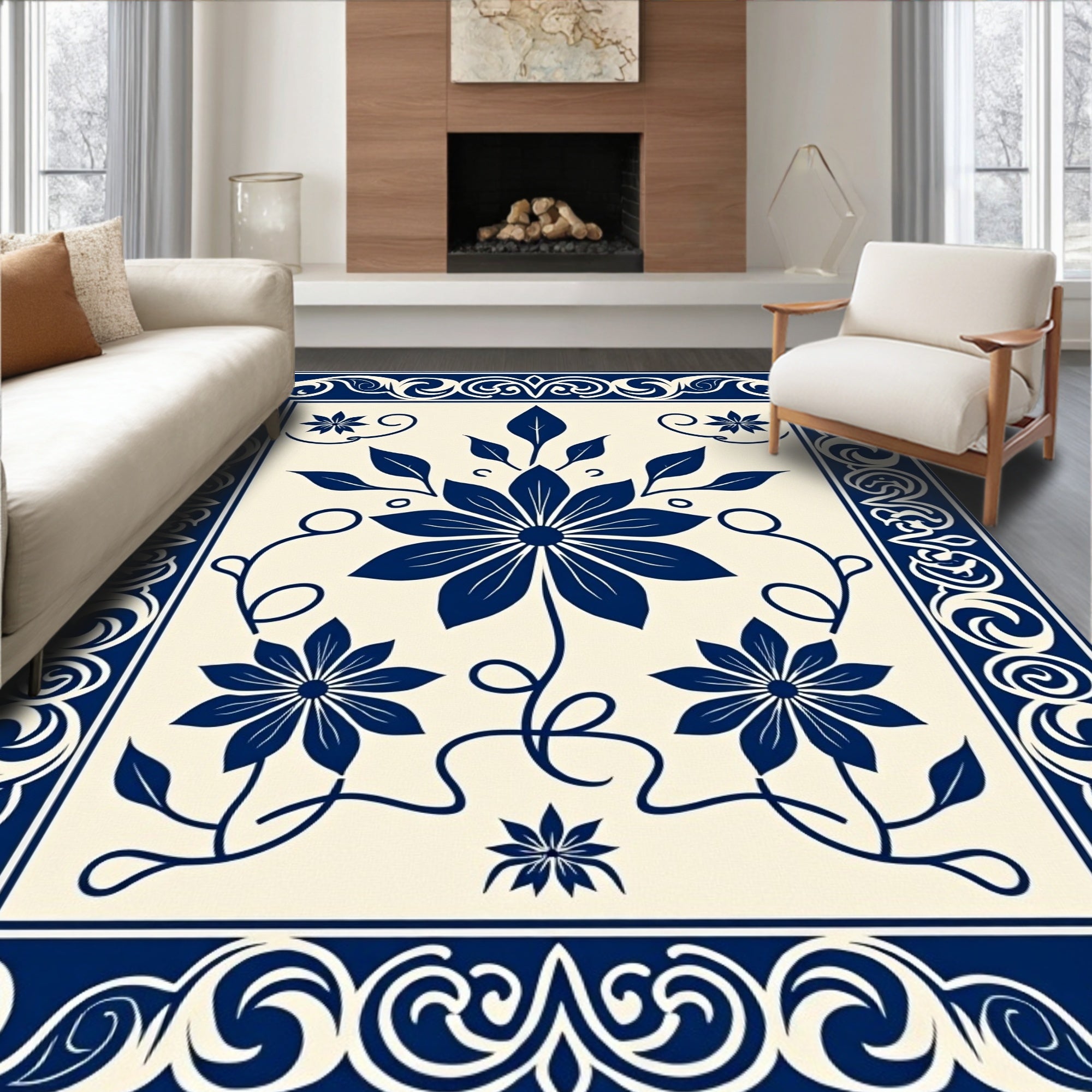 Ornate Floral Scrollwork Indigo Rug