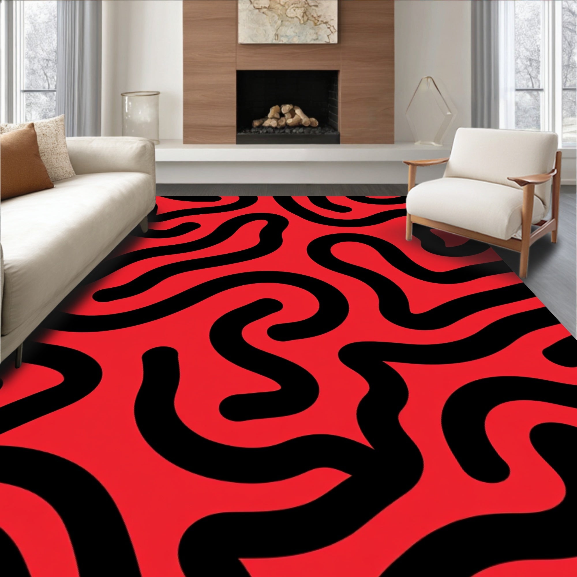 Bold Red Black Wavy Pattern Design Rug
