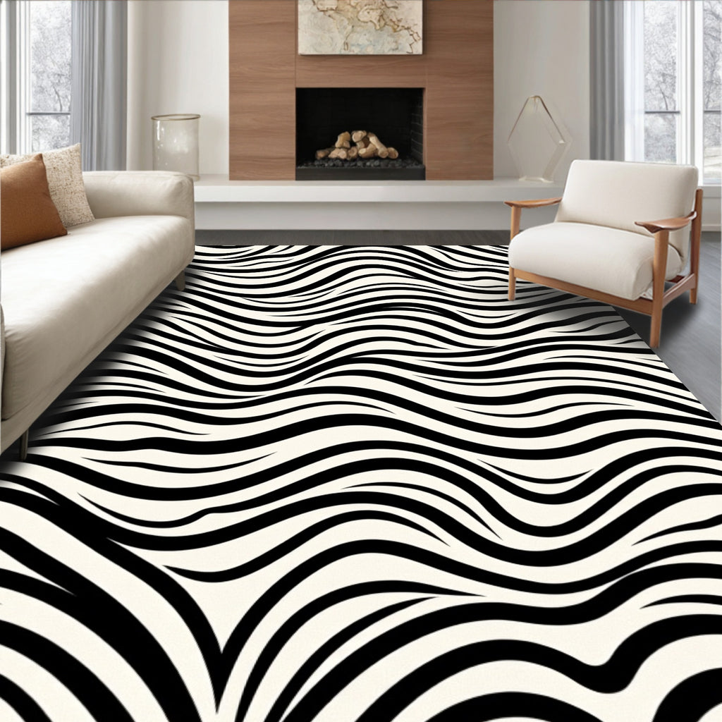 Cream Black Wavy Stripe Texture Rug