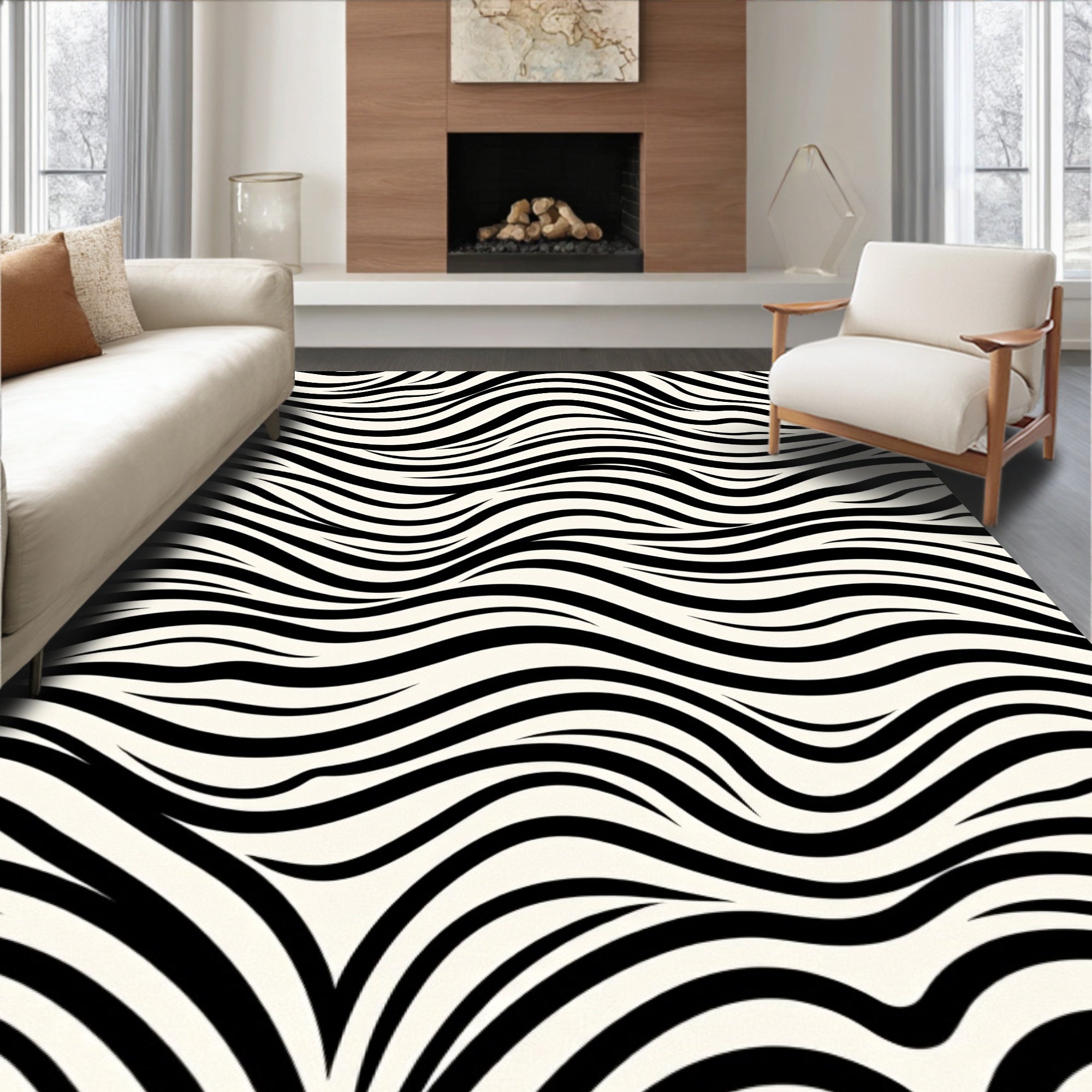 Cream Black Wavy Stripe Texture Rug