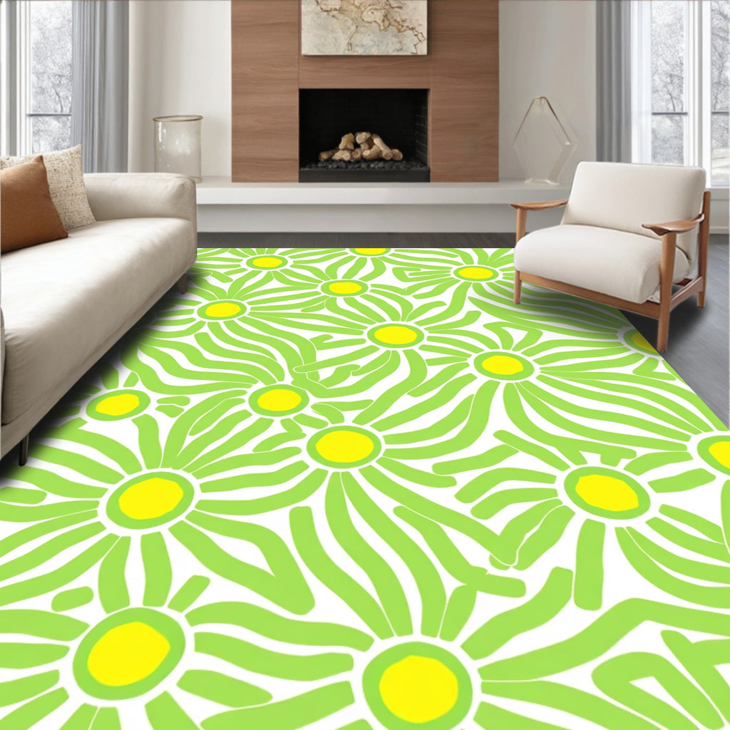 Whimsical Green Yellow Daisy Pattern Rug