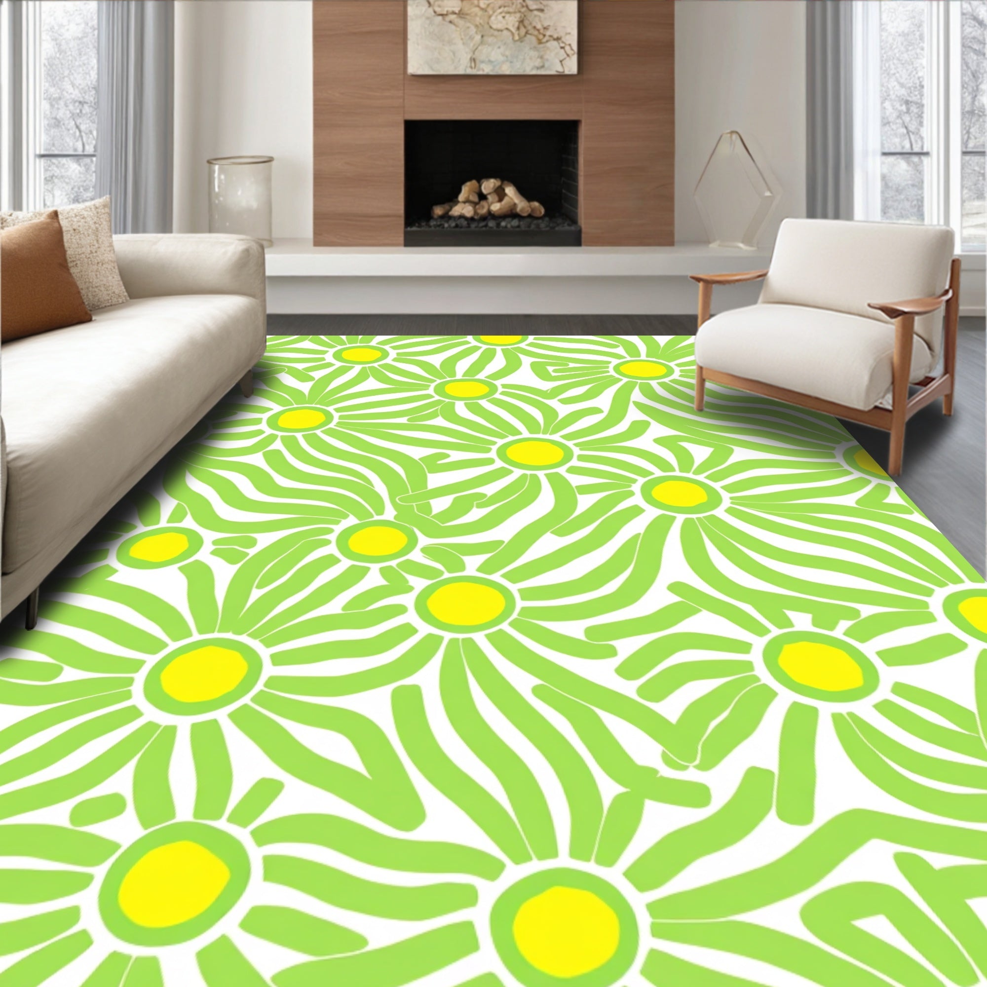 Whimsical Green Yellow Daisy Pattern Rug