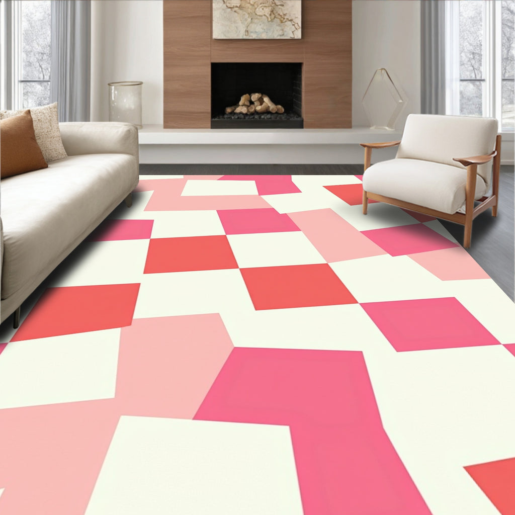 Geometric Pink White Checkered Pattern Rug