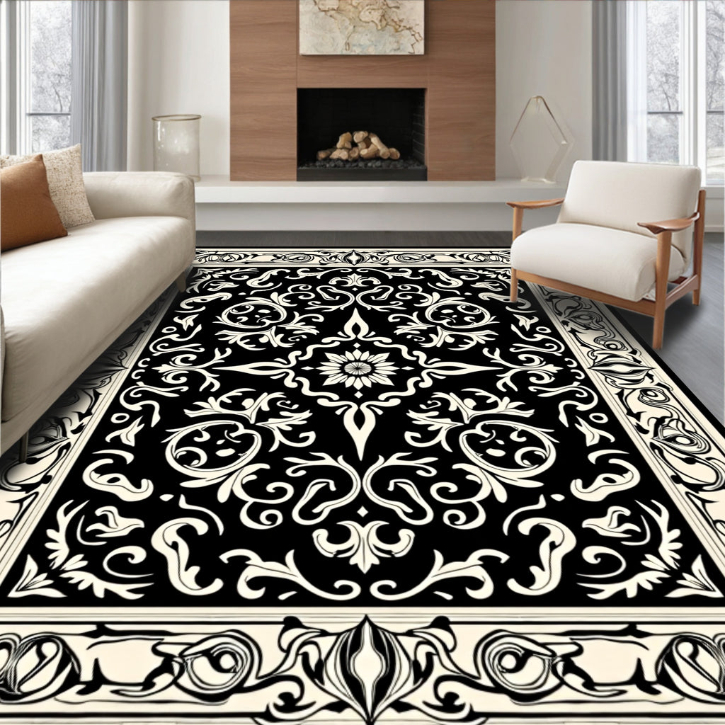 Classic Black Cream Floral Pattern Rug
