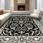 Classic Black Cream Floral Pattern Rug