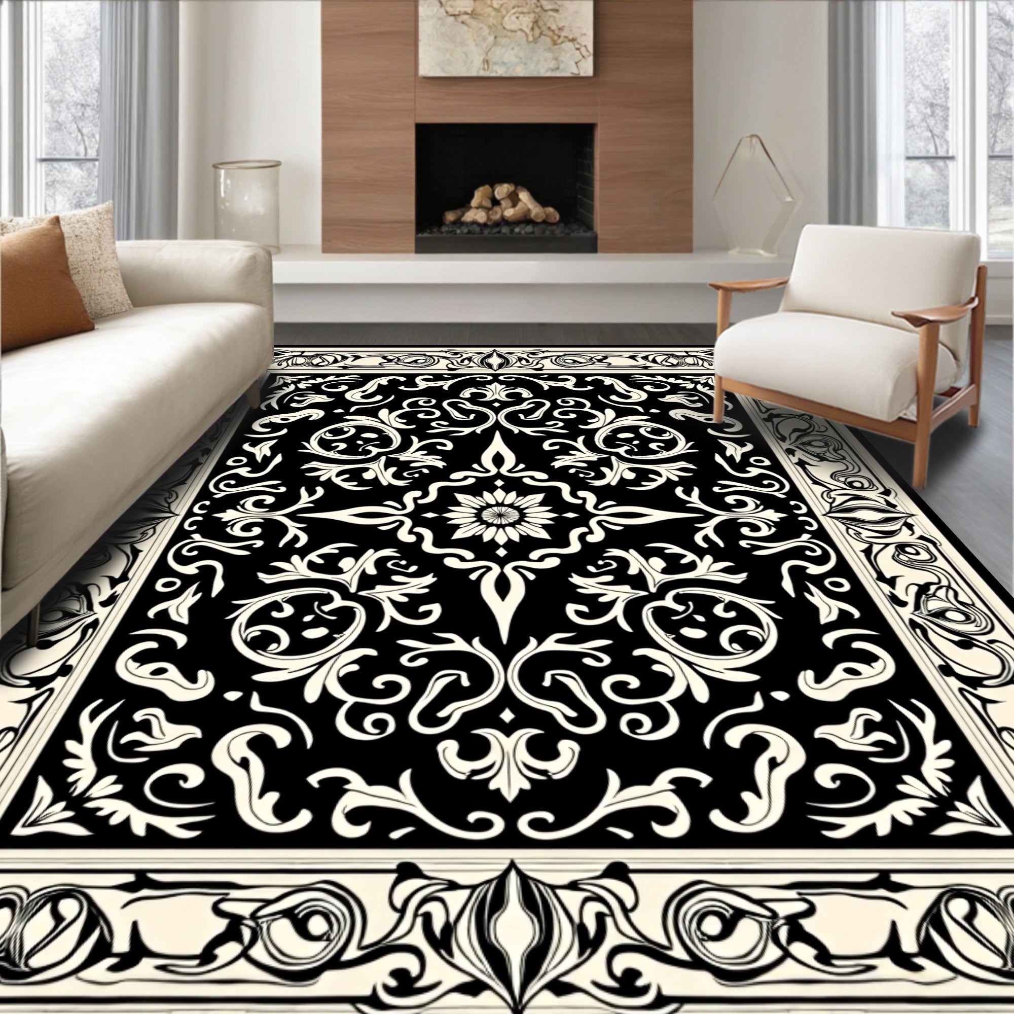 Classic Black Cream Floral Pattern Rug