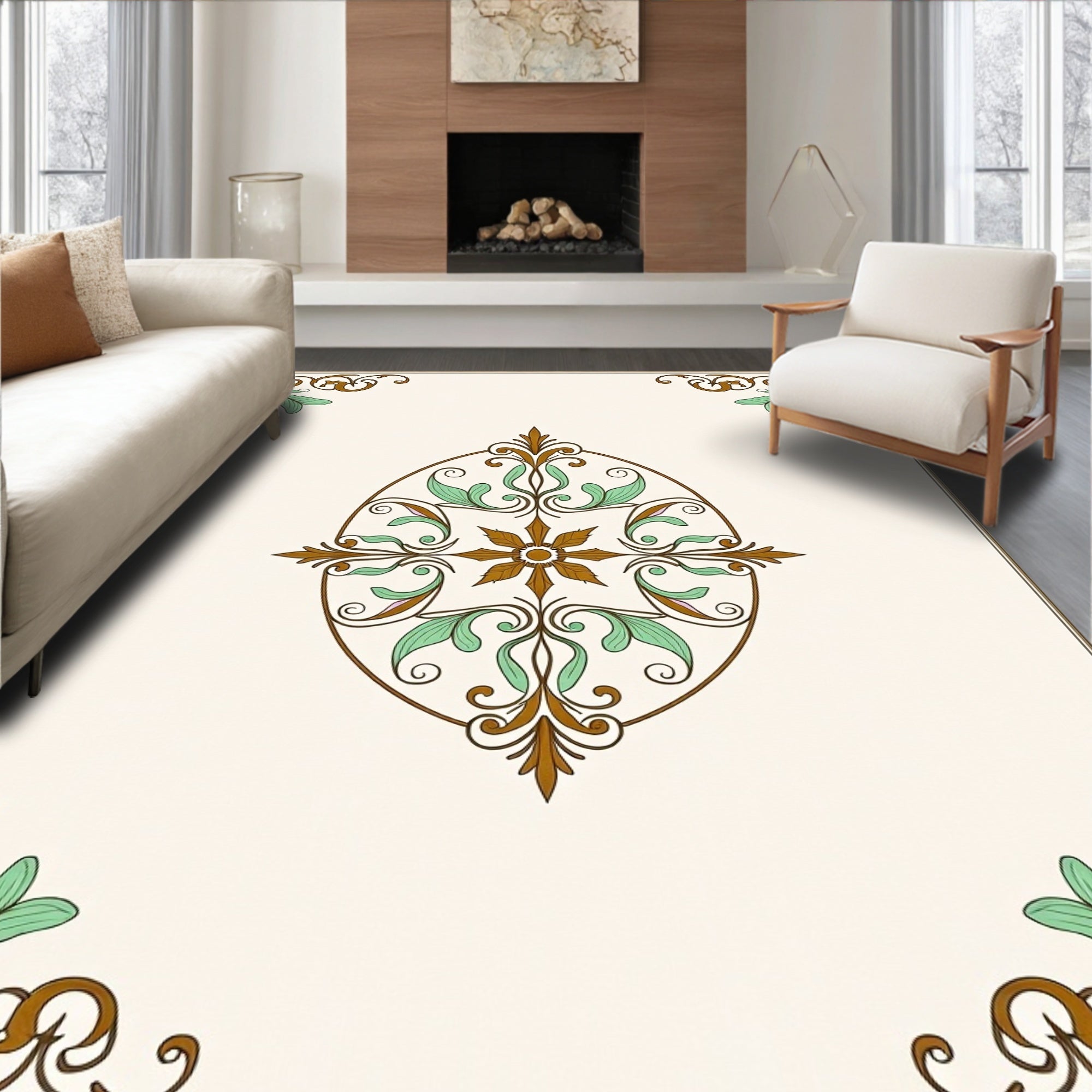 Brown Green Floral Scroll Medallion Rug
