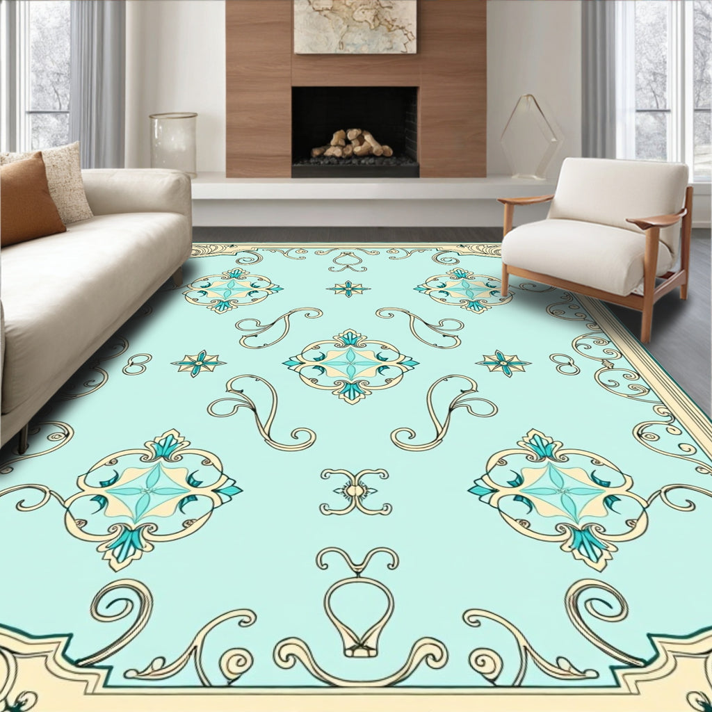 Aqua Teal Floral Medallion Art Nouveau Rug
