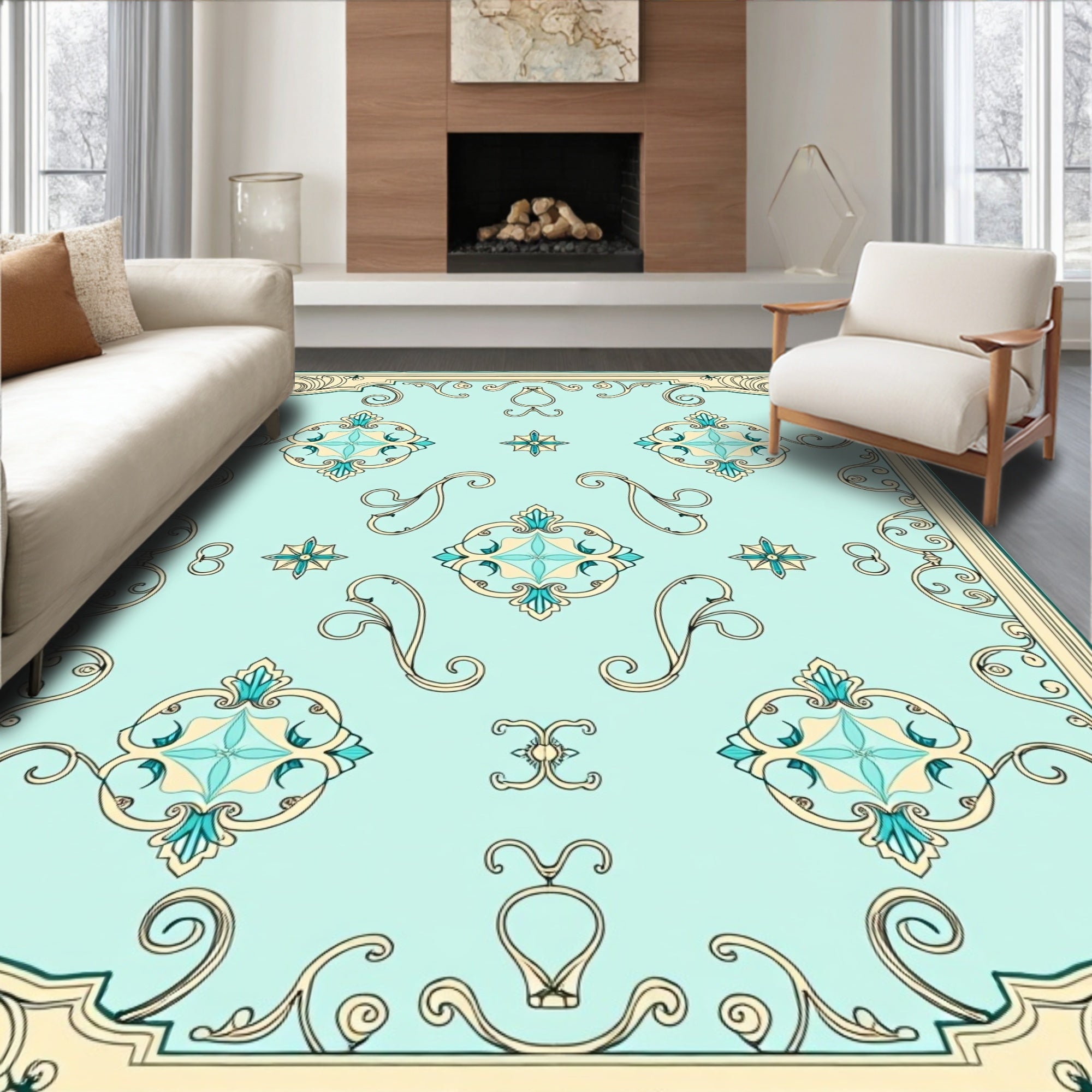 Aqua Teal Floral Medallion Art Nouveau Rug