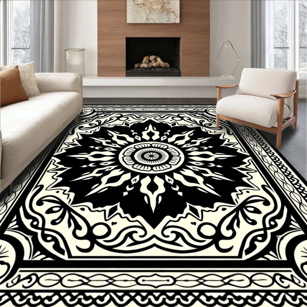 Black and Cream Sunburst Medallion Rug