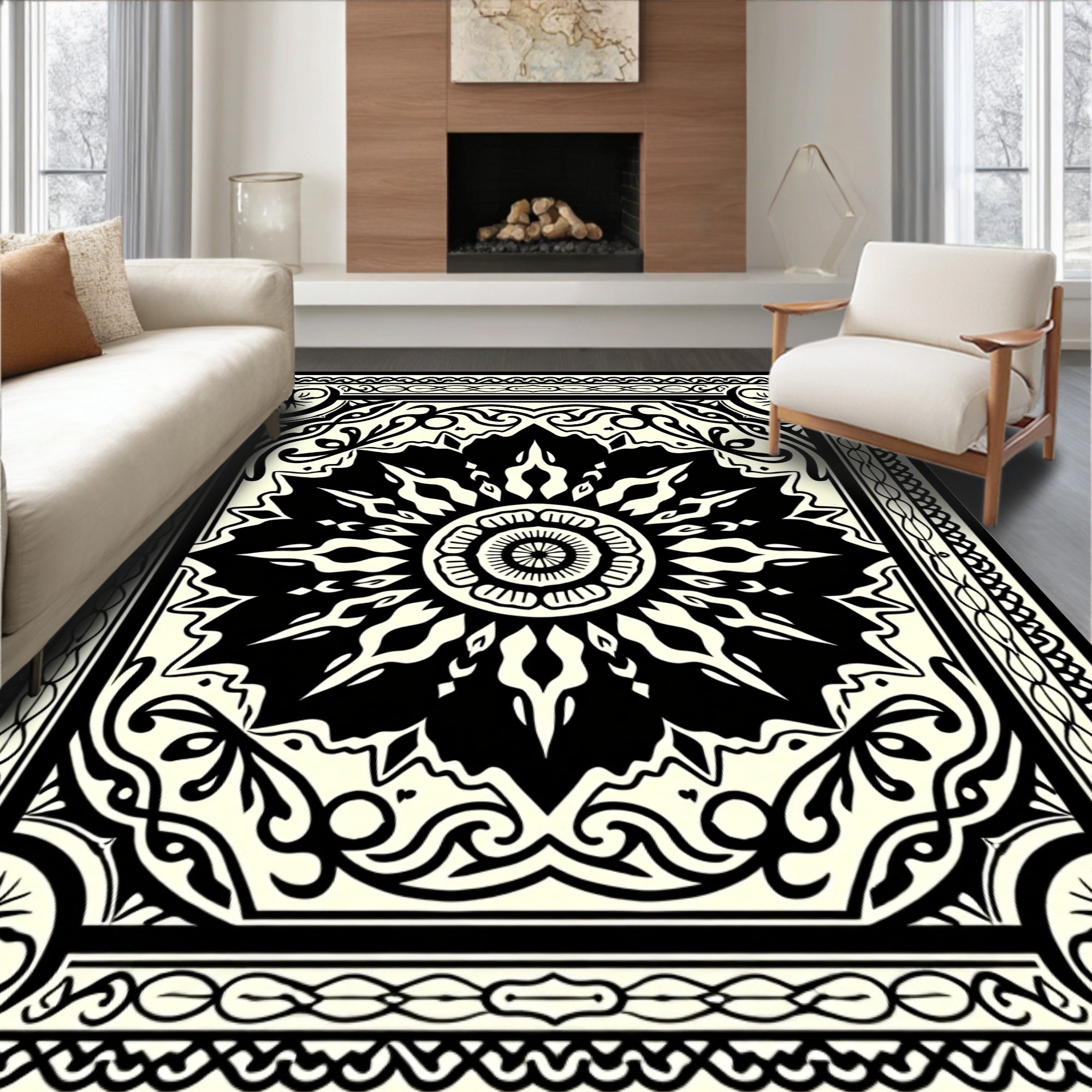 Black and Cream Sunburst Medallion Rug