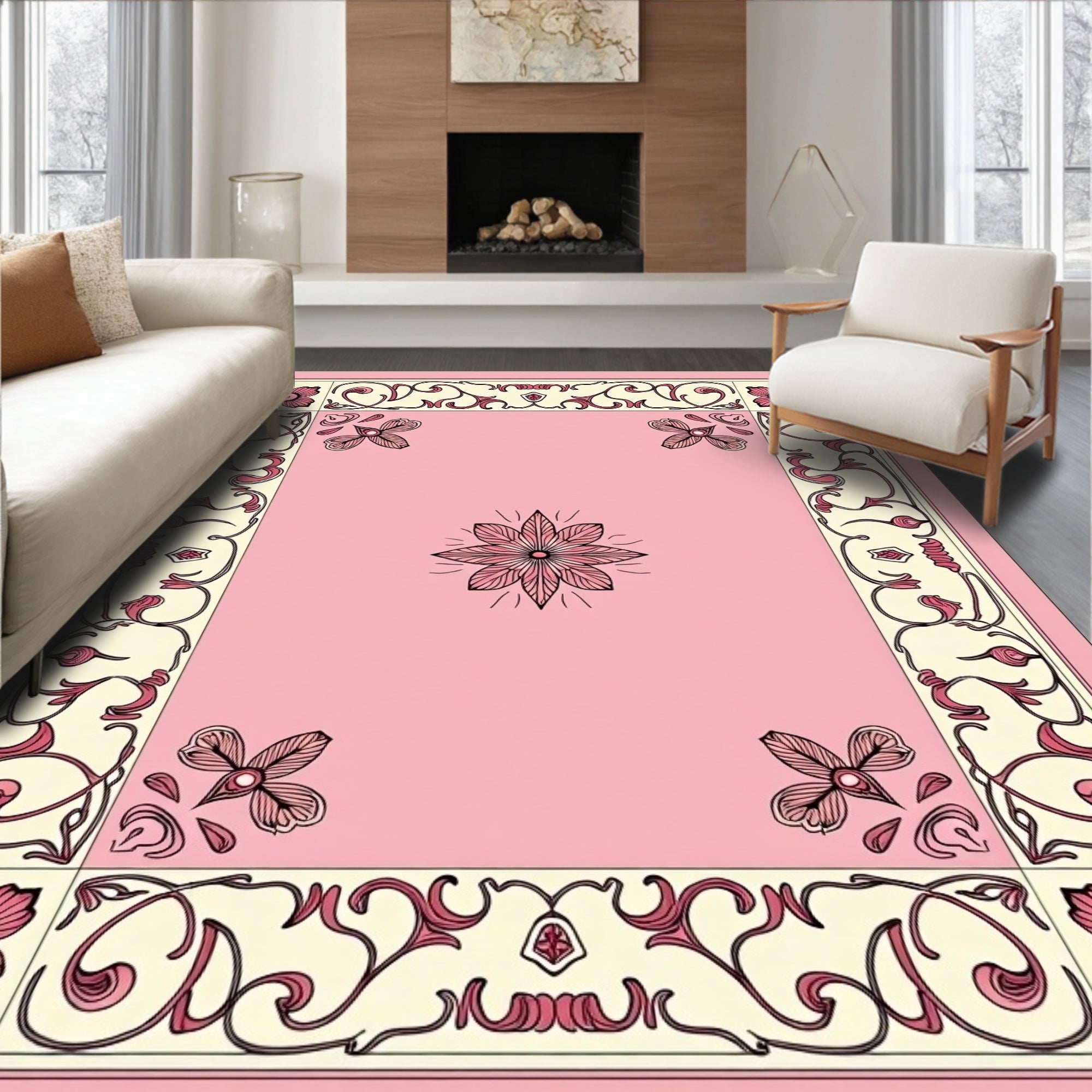 Pink Ivory Floral Scrollwork Pattern Rug