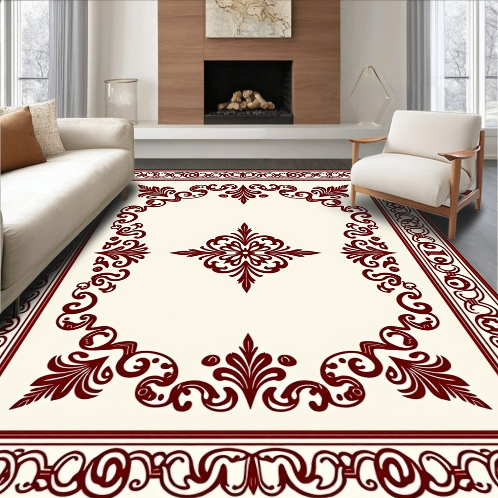 Ornate Dark Red Floral Border Design Rug