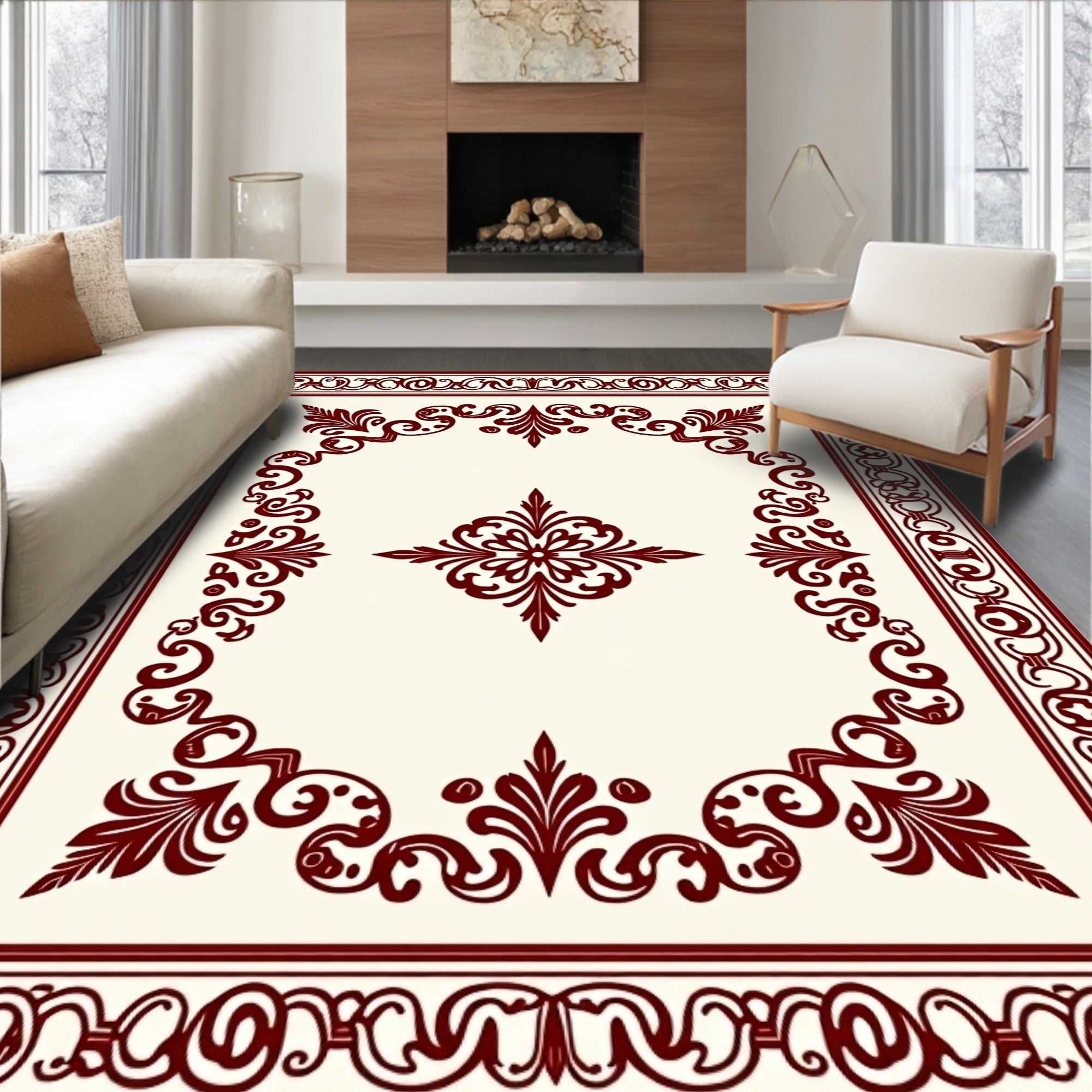 Ornate Dark Red Floral Border Design Rug