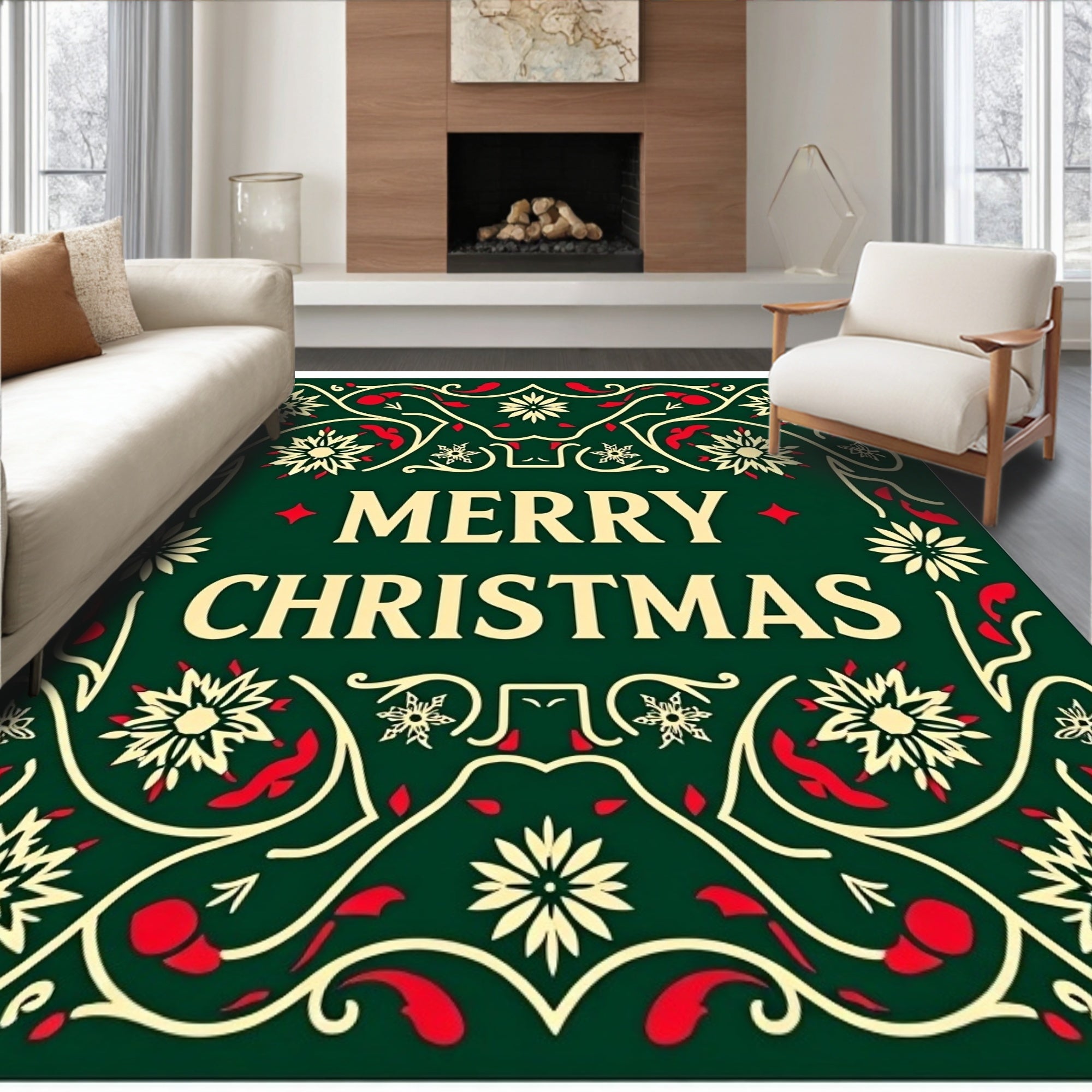 Festive Green Floral Christmas Medallion Rug