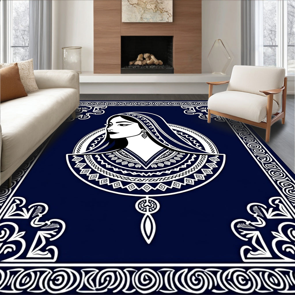Elegant Woman With Geometric Pattern Border Rug