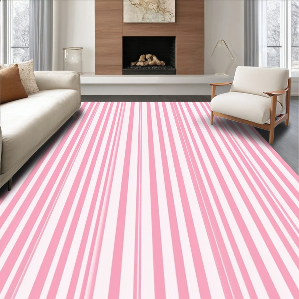 Pink White Vertical Lines Pattern Rug