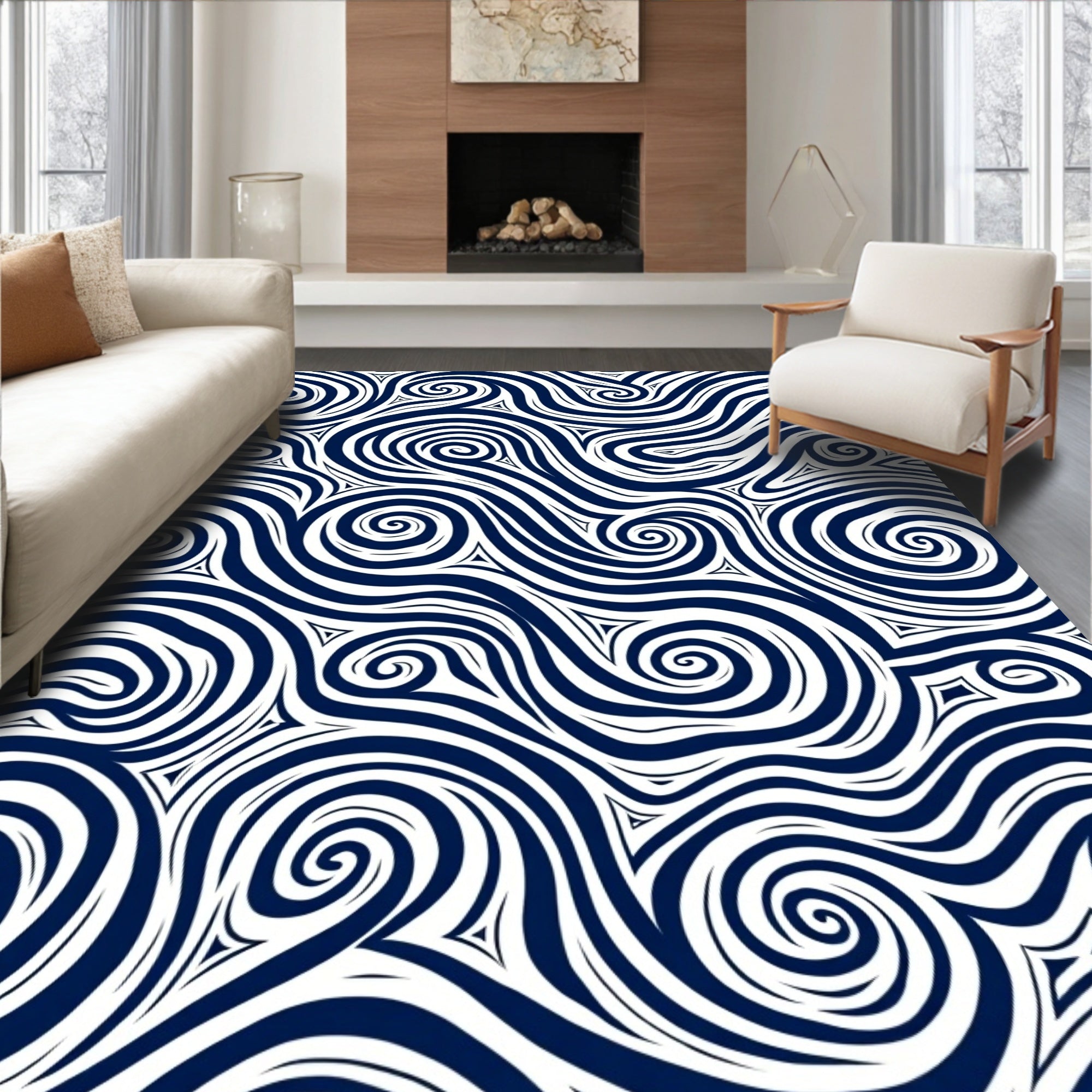 Swirl Pattern Navy White Abstract Design Rug