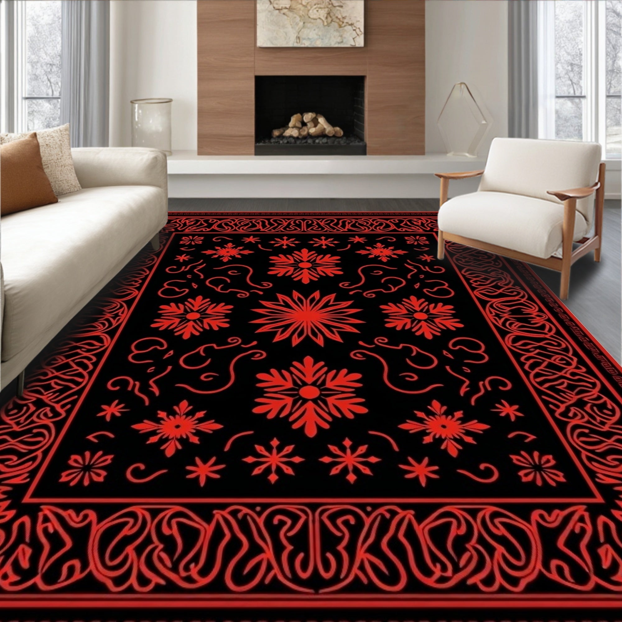 Bold Red Floral Border Rug