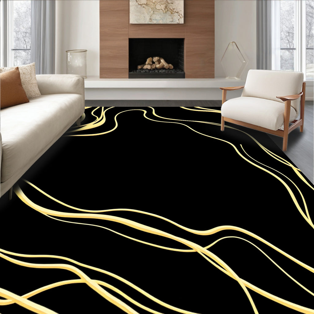 Golden Swirls on Black Background Rug