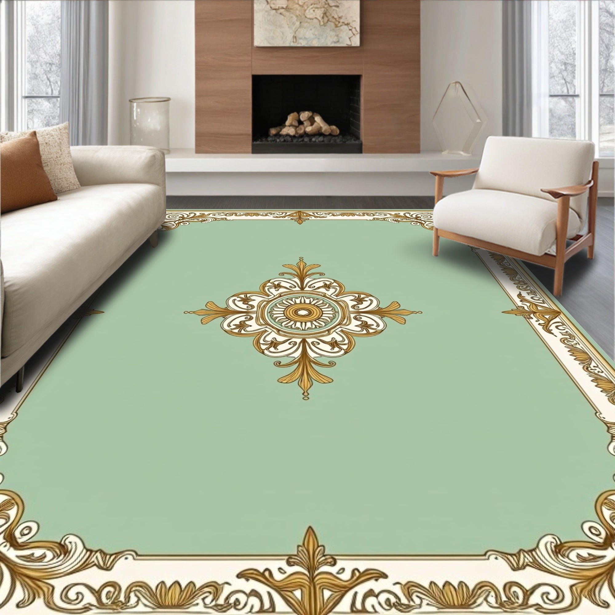 Elegant Gold And Cream Floral Design Rug