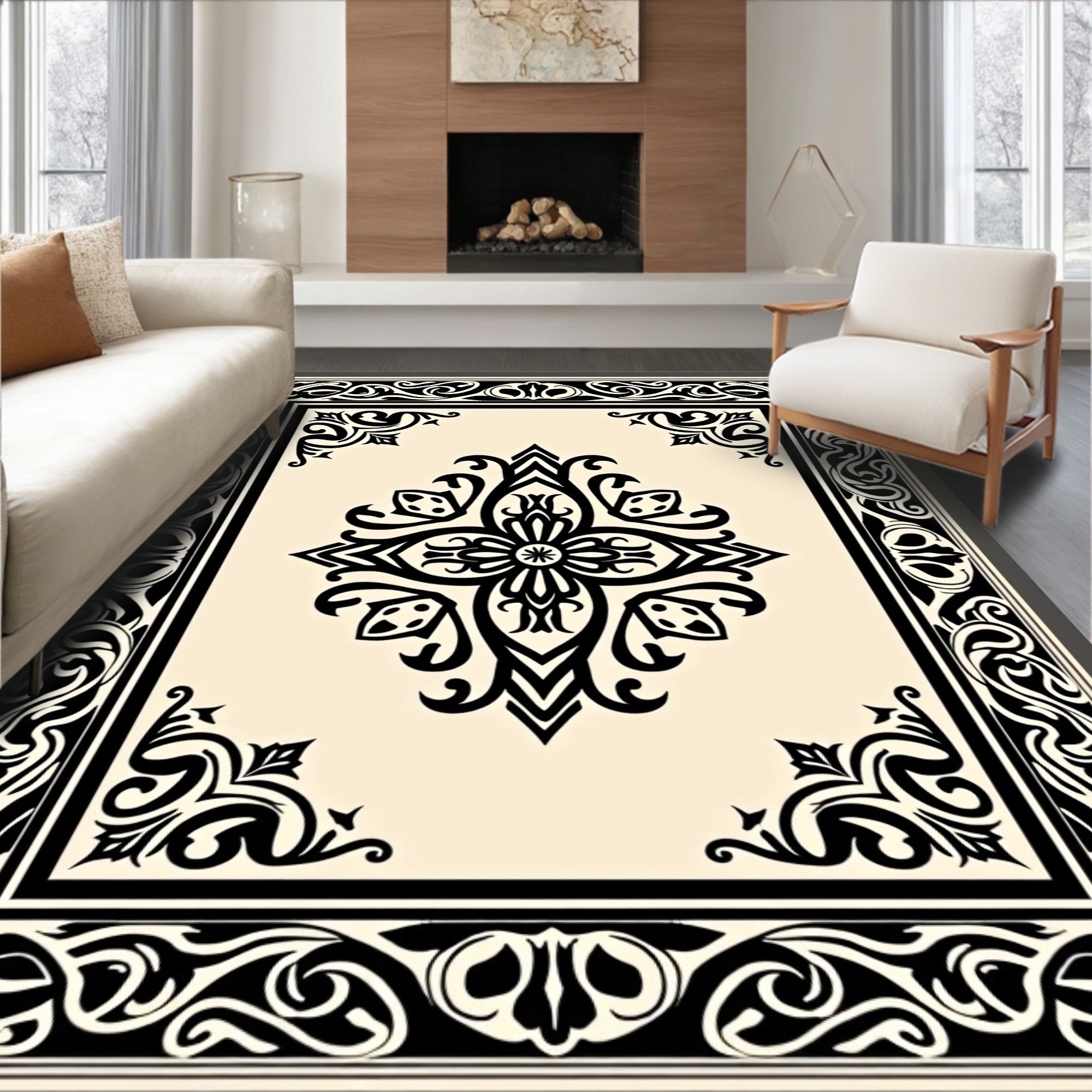 Ornate Black Cream Medallion Rug